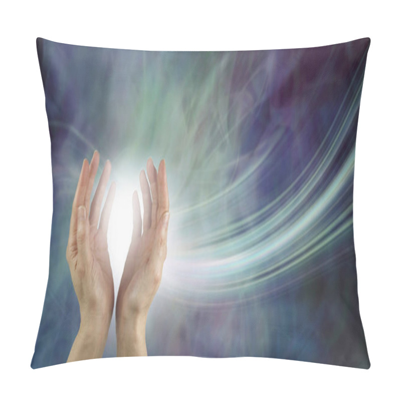 Personality  Stunning Healing Energy Phenomenon  - Pair Of Hands Reaching Up Into A Ball Of White  Energy With A Laser Trail And Green Blue Purple Ethereal Energy Field  Background Pillow Covers