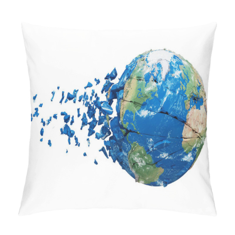 Personality  Broken Shattered Planet Earth Globe Isolated On White Background. Blue And Green Realistic World With Particles And Debris. Pillow Covers