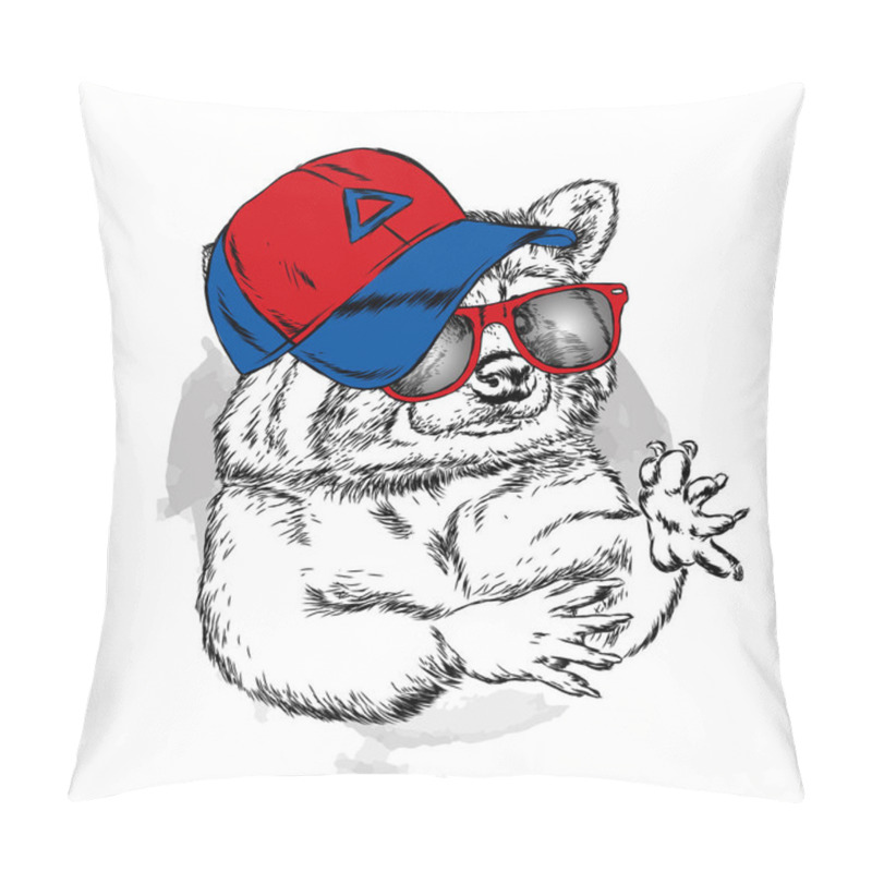 Personality  Cute Raccoon In A Cap And Glasses. Vector Illustration For A Postcard Or A Poster, Print For Clothes. Wild Animal In Clothes. Hand-drawn. Pillow Covers