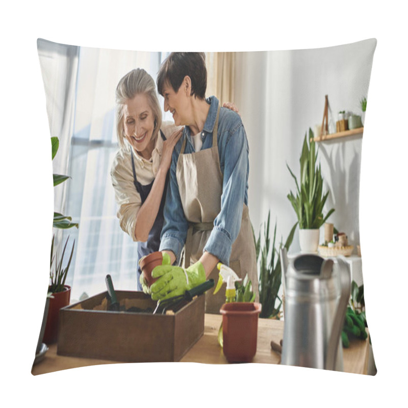 Personality  A Loving Mature Lesbian Couple Wearing Gardening Aprons. Pillow Covers