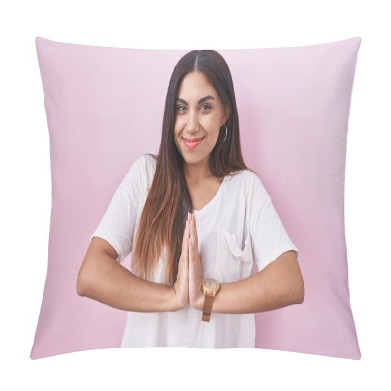 Personality  Young Arab Woman Standing Over Pink Background Praying With Hands Together Asking For Forgiveness Smiling Confident.  Pillow Covers