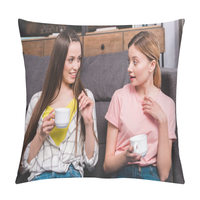 Personality  Two Young Female Friends With Cups Of Coffee Siting On Sofa At Home Pillow Covers