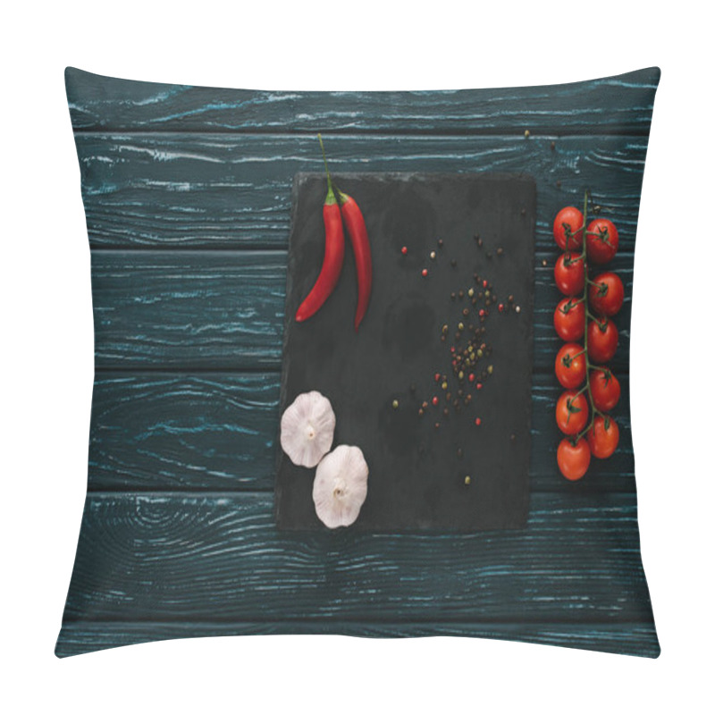 Personality  Top View Of Vegetables And Chilli Peppers On Stone Cutting Board On Green Wooden Tabletop Pillow Covers