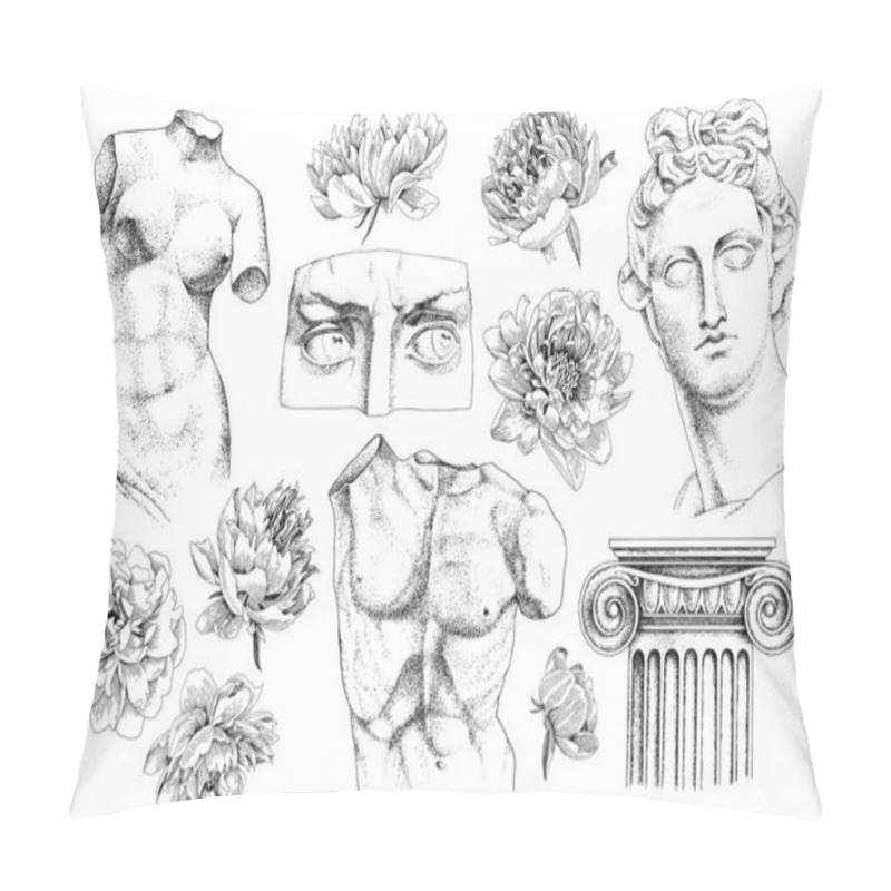 Personality  Set Of Hand Drawn Classical Sculptures And Flowers Pillow Covers