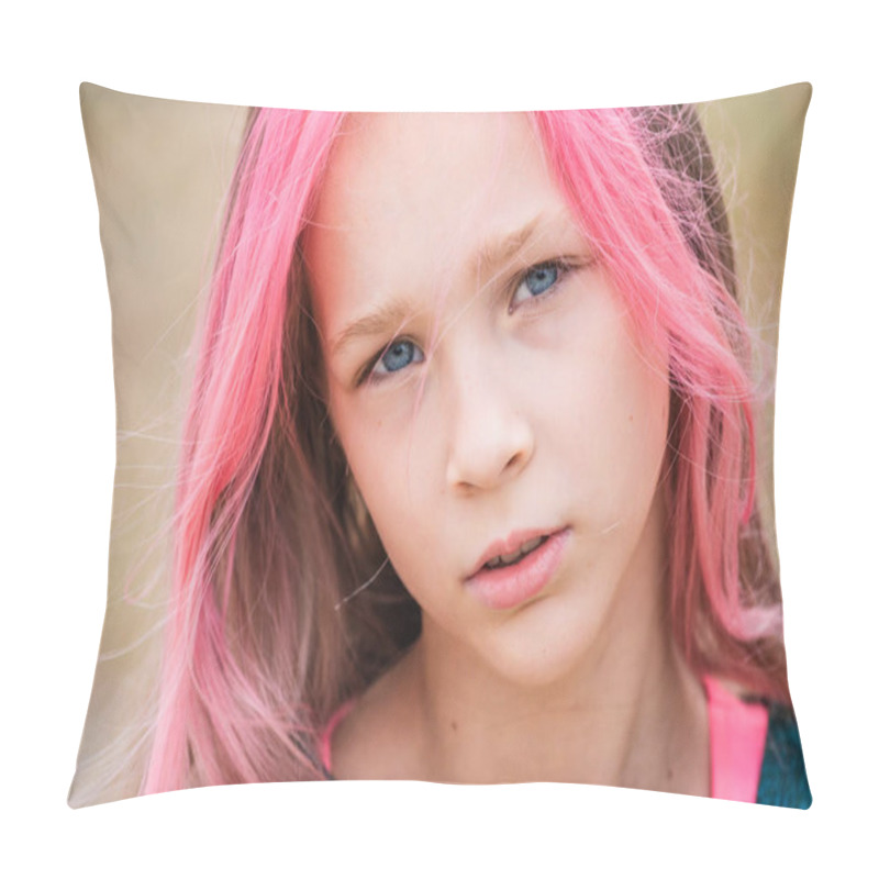 Personality  Cute Child Girl Portrait . Outdoor Portrait Of Cute Little Girl In Summer Day. Portrait Of A Little Girl With Pink Hair. Child 9-10 Years Old. Teenager Pillow Covers