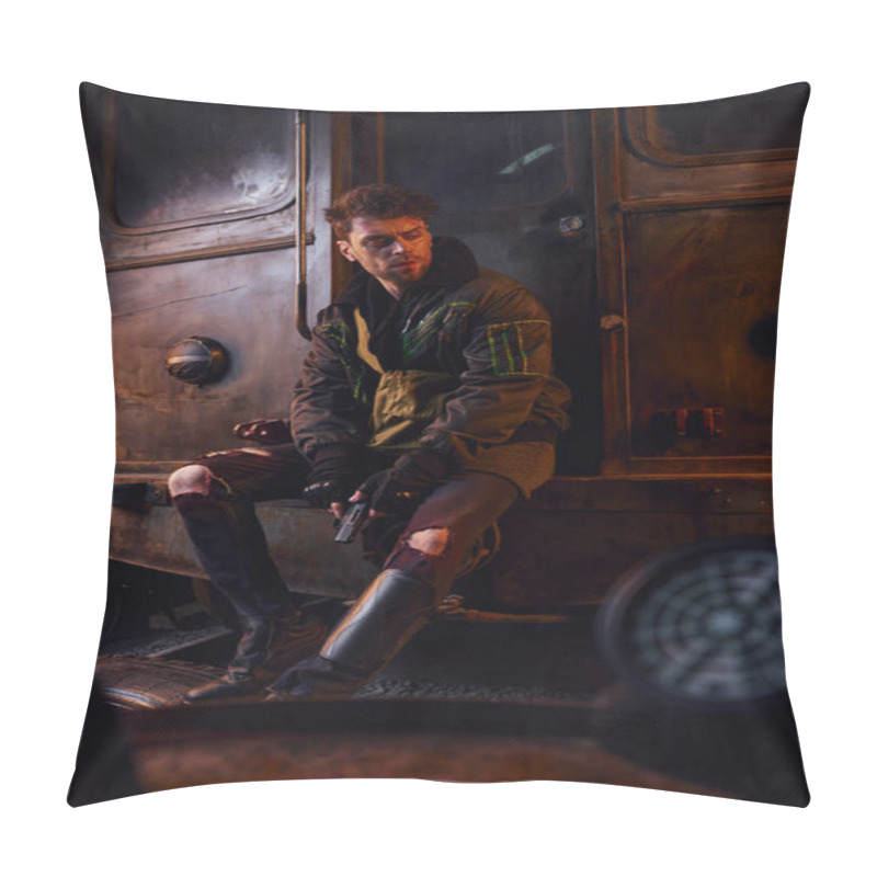 Personality  Devastated Man In Worn Clothes Sitting With Gun On Rusty Subway Carriage, Post-apocalyptic Isolation Pillow Covers