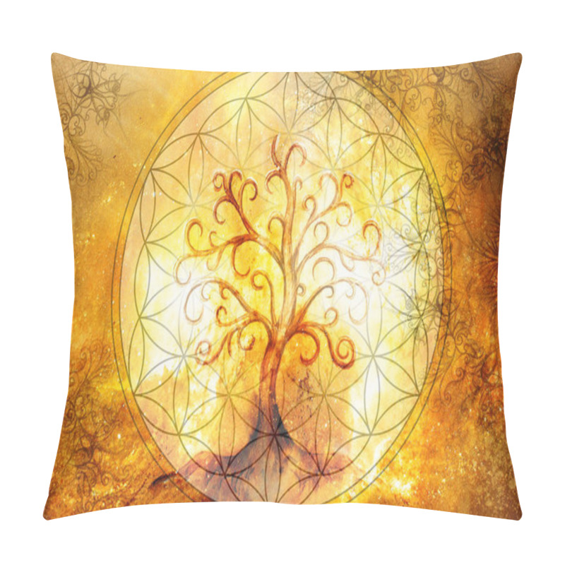 Personality  Tree Of Life Symbol And Flower Of Life And Space Background With Ornaments, Yggdrasil. Pillow Covers