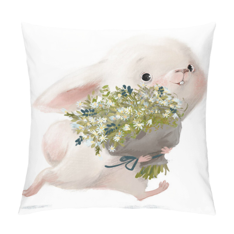 Personality  Cute White Hare Character With Floral Bouquet Pillow Covers