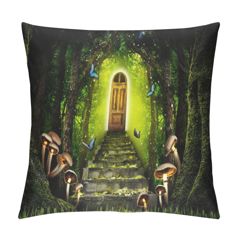 Personality  Fantasy World. Mushrooms At Stone Steps Leading To Magic Door In Enchanted Forest Pillow Covers