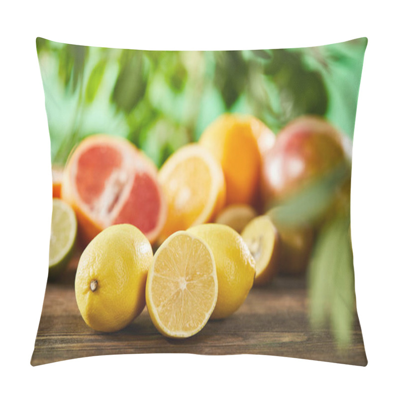 Personality  Selective Focus Of Cut And Whole Lemons On Wooden Surface  Pillow Covers