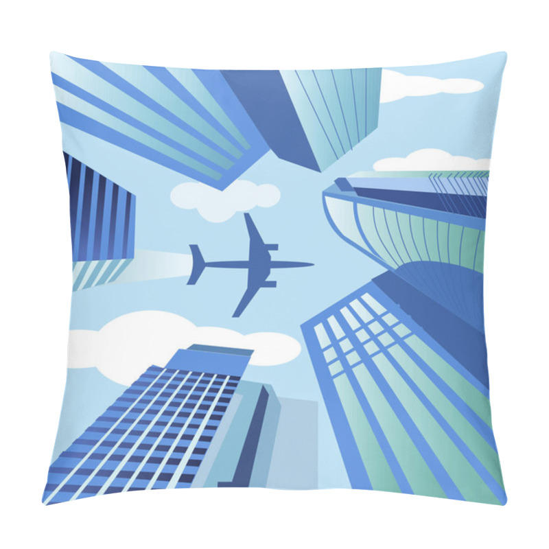 Personality  The Theme Of Travel By Plane, Relaxation, Adventure. The Plane Flew Over Business Skyscrapers, High-rise Buildings. Flat Style. Pillow Covers