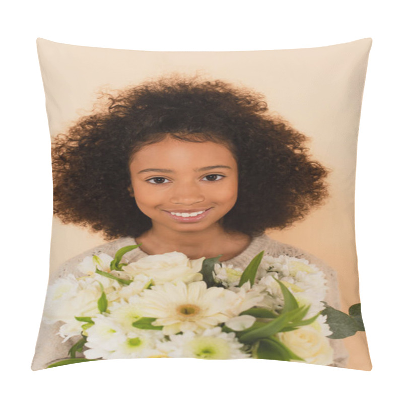 Personality  Portrait Of Smiling African American Preteen Girl With Bouquet Of Flowers In Hands Isolated On Beige Pillow Covers