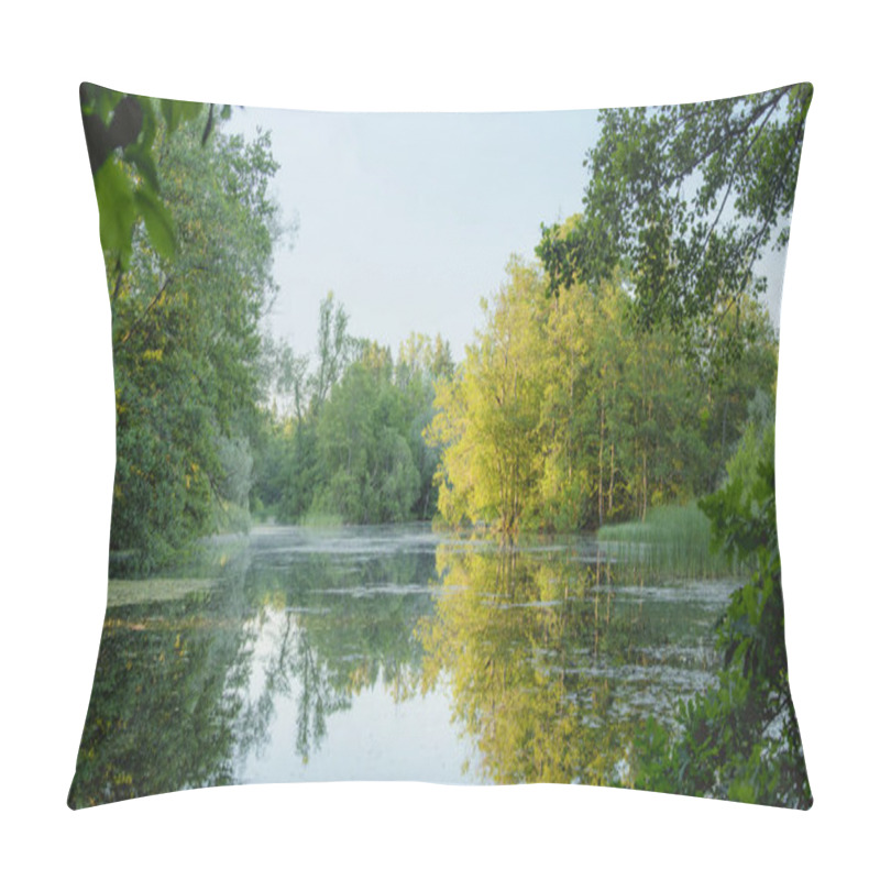 Personality  Panoramic View Of Early Sunny Morning Lake With Green Trees, Morning Mist And Tranquil Reflection. Estonia, Harku. Pillow Covers