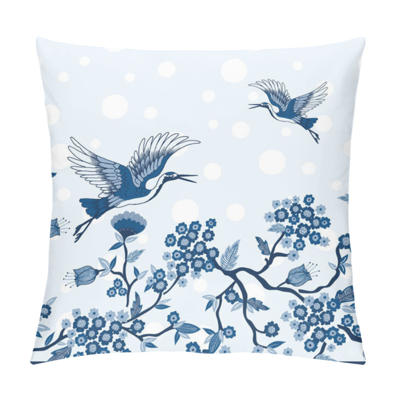 Personality  Blue Crane Birds And Tree Branches Vector Seamless Horizontal Border Pillow Covers