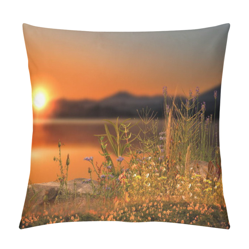 Personality  Sunset Sky ,sun Beam , Wild Flowers And Trees  , Mountain And Sea  Water Reflection Evening Beautiful  Nature Landscape Pillow Covers