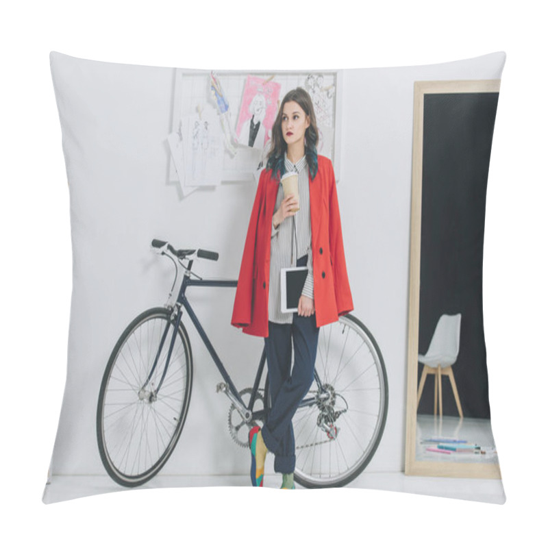 Personality  Young Woman Holding Digital Tablet And Coffee Cup By Bicycle Pillow Covers