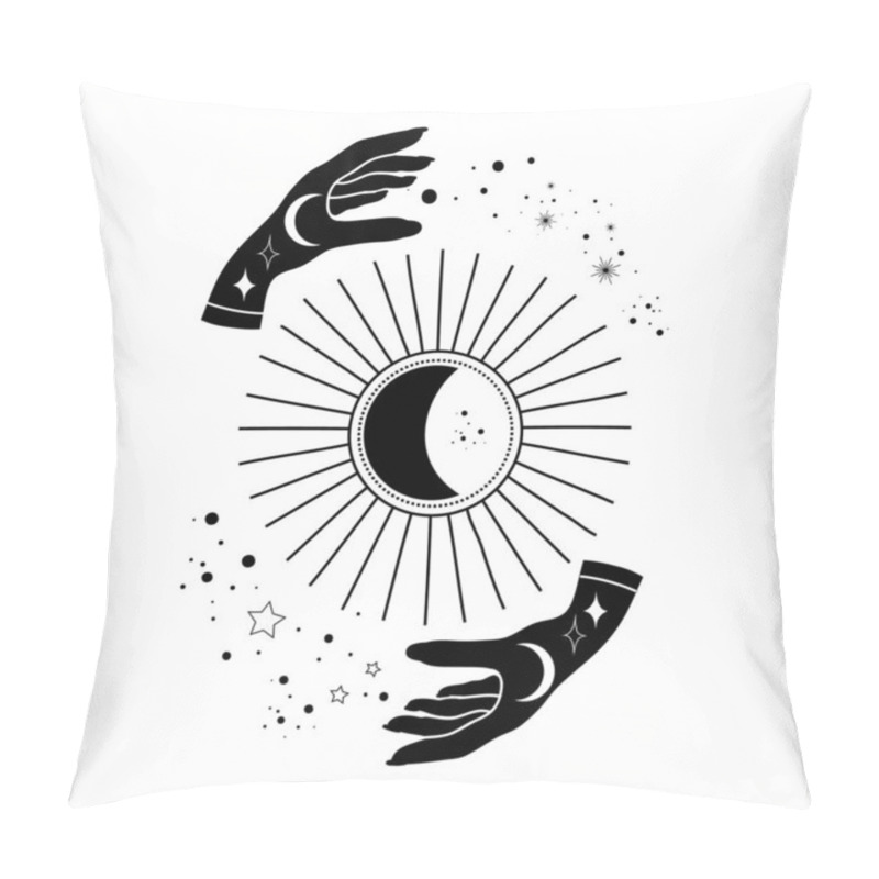 Personality  Alchemy Esoteric Mystical Magic Celestial Talisman With Hands Sun, Moon, Stars Sacred Geometry Isolated. Spiritual Occultism Object. Vector Illustrations In Black Outline Style Pillow Covers