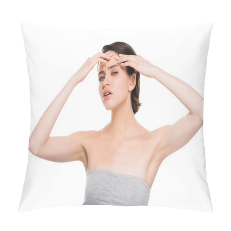 Personality  Attractive Brunette Girl Pressing Forehead Isolated On White  Pillow Covers