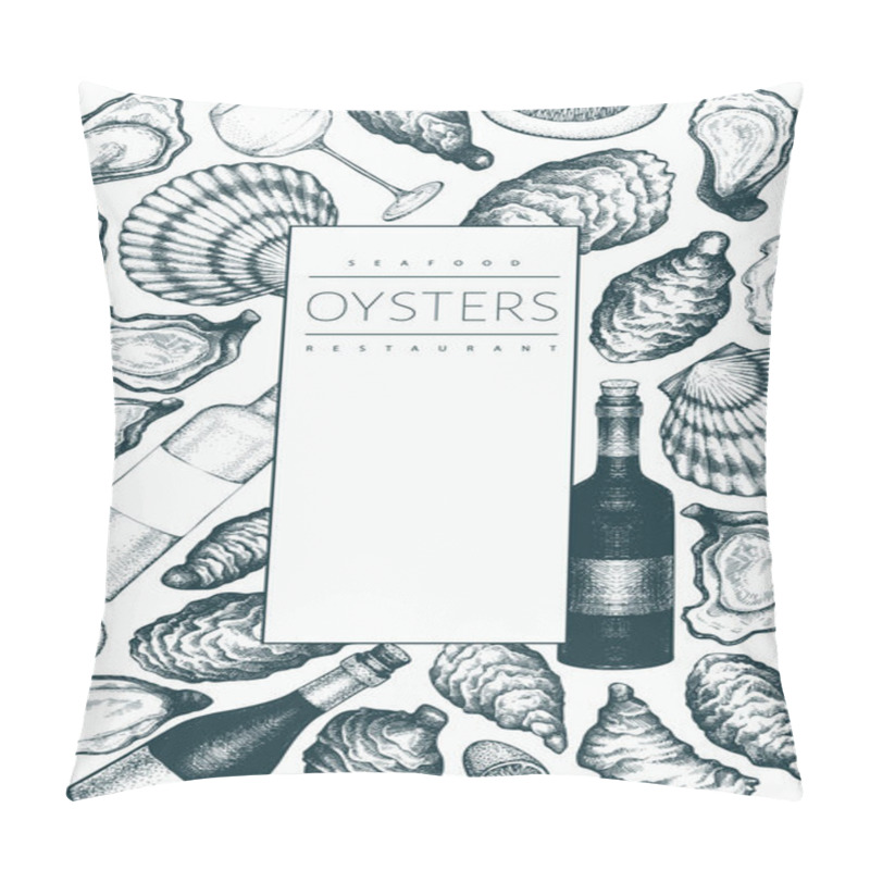 Personality  Oysters And Wine Design Template. Hand Drawn Vector Illustration. Seafood Banner. Can Be Used For Design Menu, Packaging, Recipes, Fish Market, Seafood Products. Pillow Covers