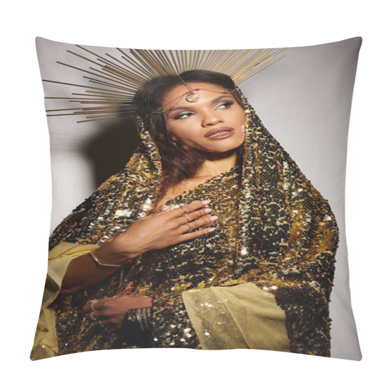 Personality  A Magnificent African American Woman Stands Gracefully In A Shiny Golden Dress, Exuding Beauty And Strength. Pillow Covers