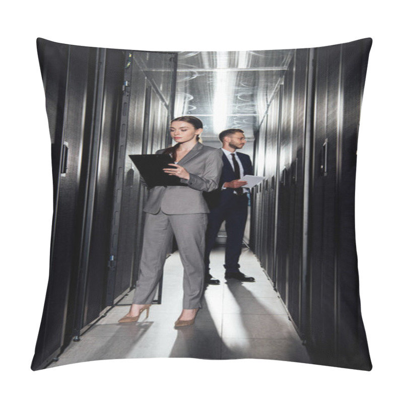 Personality  Selective Focus Of Attractive Businesswoman Holding Clipboard Near Bearded Businessman In Data Canter  Pillow Covers