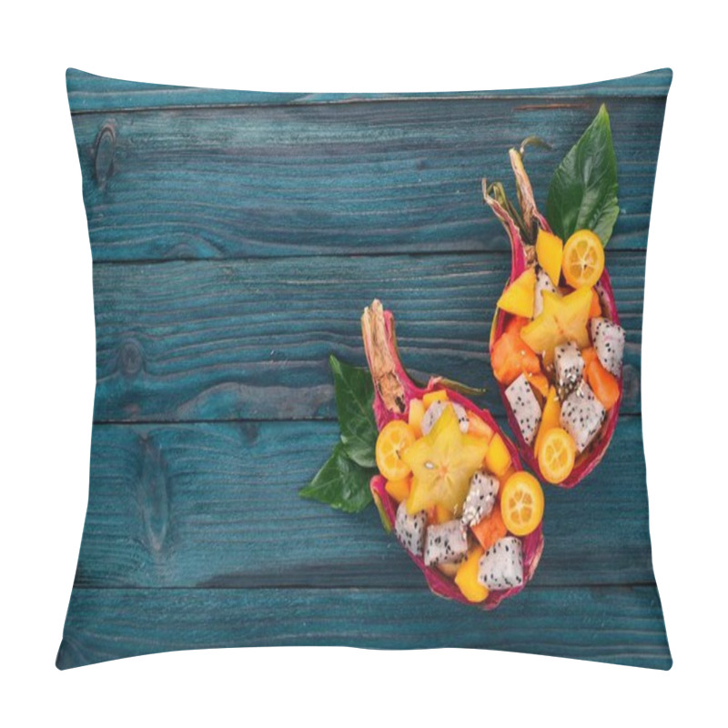 Personality  Tropical Fruit Salad Served In Half A Dragon Fruit. Papaya, Rambutan, Tamarind, Cactus Fruit, Mango. On A Wooden Background. Top View. Pillow Covers