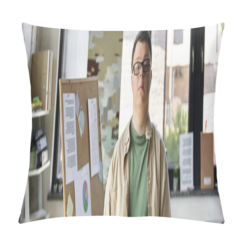 Personality  A Young Man With Down Syndrome Stands Confidently In Front Of A Bulletin Board In An Office. Pillow Covers