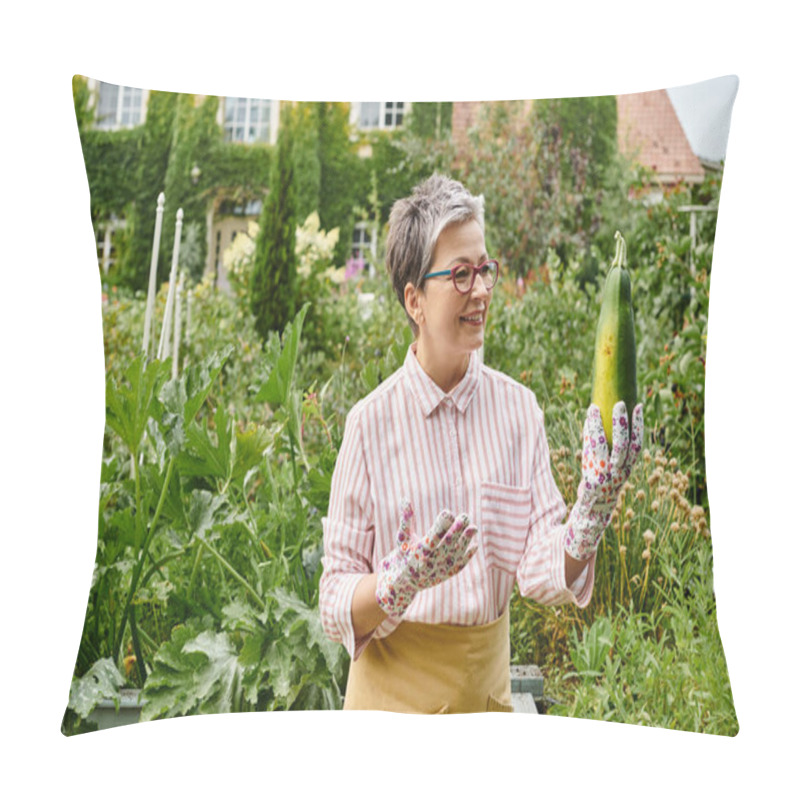 Personality  Attractive Merry Mature Woman In Casual Attire With Glasses Holding Fresh Zucchini In Her Garden Pillow Covers