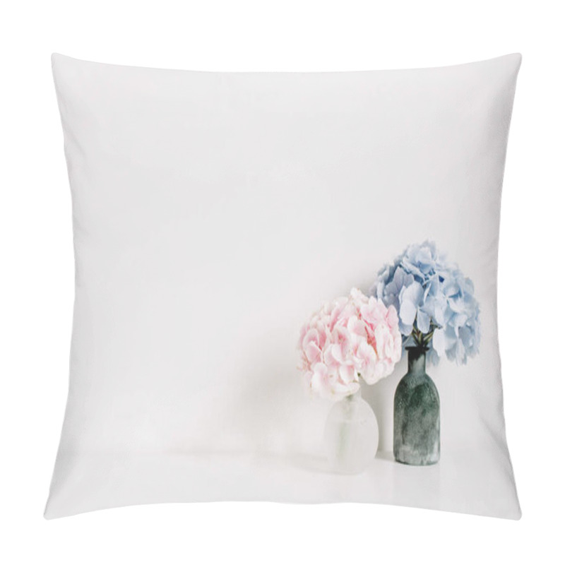 Personality  Pink And Blue Pastel Hydrangea Flower Bouquets On White Background. Minimal Interior Design Concept. Pillow Covers