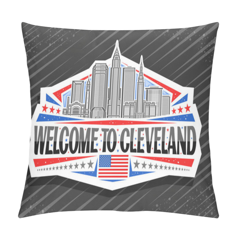 Personality  Vector Logo For Cleveland, Decorative Cut Paper Badge With Line Illustration Of Urban Cleveland City Scape On Day Sky Background, Art Design Refrigerator Magnet With Black Words Welcome To Cleveland Pillow Covers