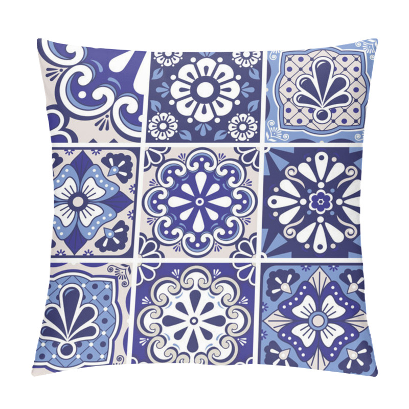 Personality  Mexican Talavera Style Seamless Tile Vector Pattern Collection With Flowers, Cool Wallpaper, Decorative Tiles Big Set Design In Navy Blue Pillow Covers