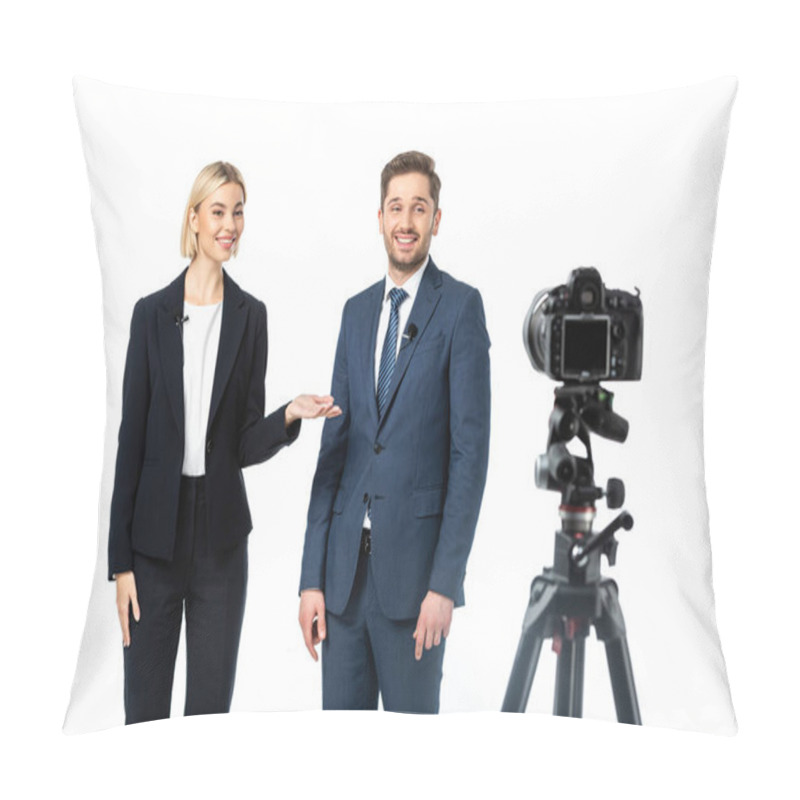 Personality  Happy Anchorwoman Pointing At Smiling Colleague Near Digital Camera On Blurred Foreground Isolated On White Pillow Covers