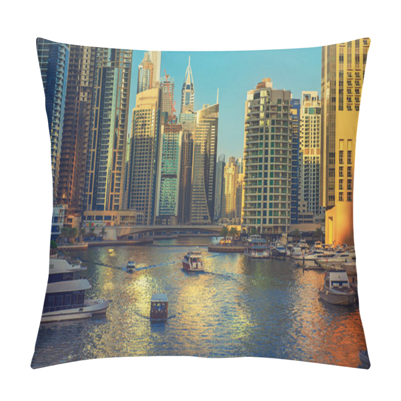 Personality  Dubai Marina Before Sunset With Skyscrapers, Boats And Reflections In The Water, United Arab Emirates Pillow Covers