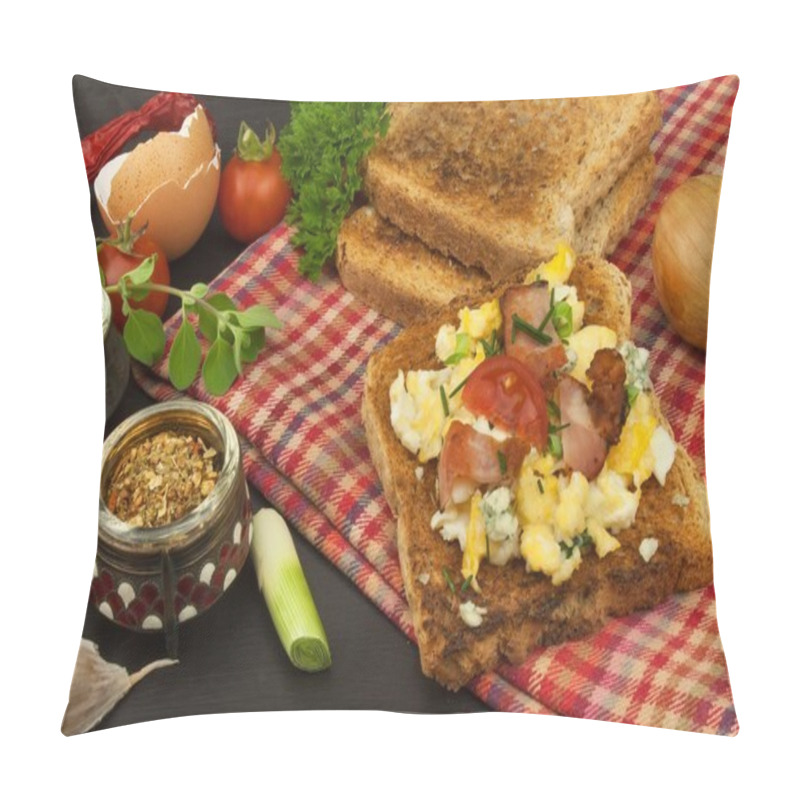 Personality  Toast with scrambled eggs. Quick and nutritious breakfast. Eggs with vegetables and bacon. Dietary supplements for athletes. Protein meal. pillow covers