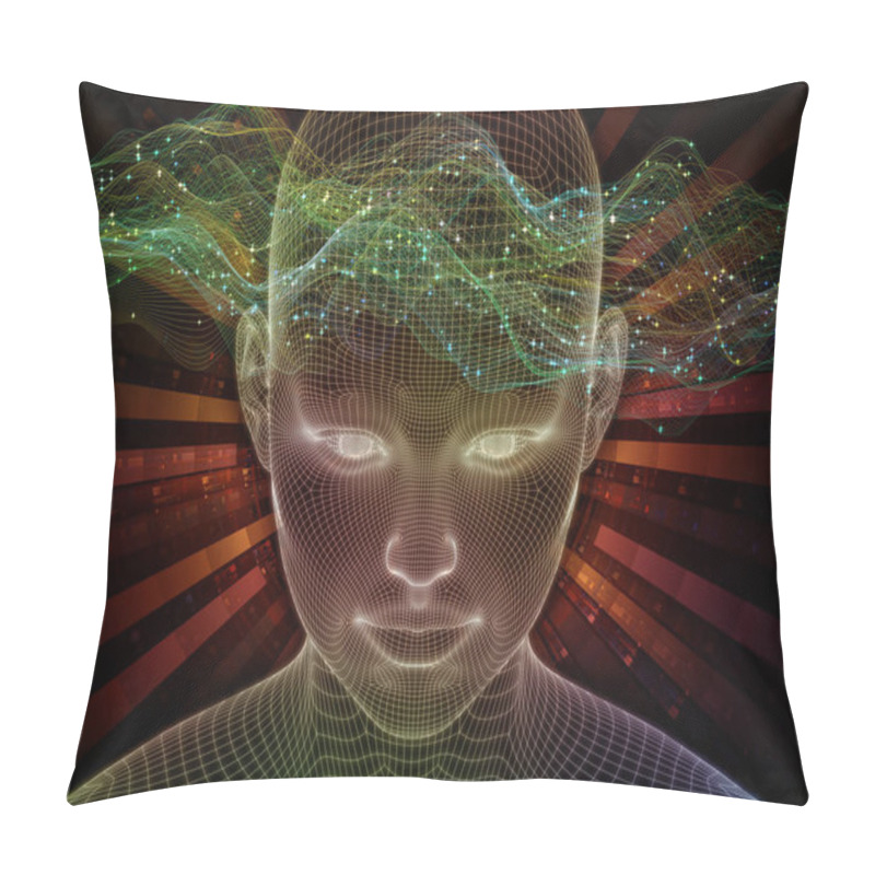 Personality  Inner Light. Lucid Mind Series. Backdrop Composed Of 3D Rendering Of Glowing Wire Mesh Human Face For Projects On Artificial Intelligence, Human Consciousness And Spiritual AI Pillow Covers