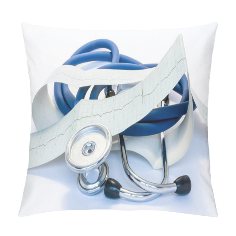 Personality  Diagnosis, Treatment And Prevention Of Diseases Of Heart And Cardiovascular System Concept Photo. Blue Stethoscope Is Surrounded By Tape Of ECG With Electrocardiogram Drawn On It. Diagnosis Of Disease Pillow Covers