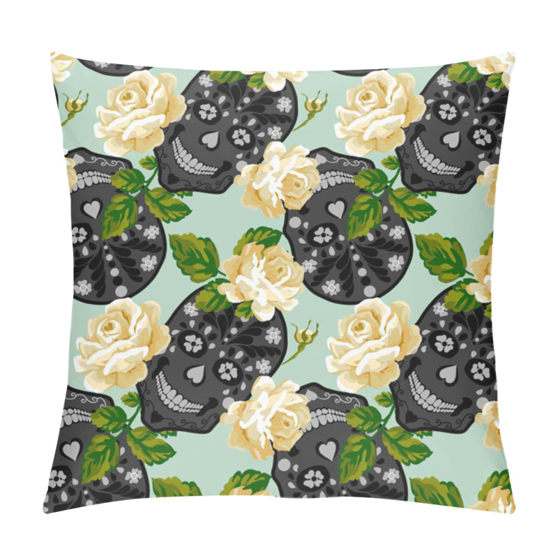 Personality  Seamless Pattern With Skull And Rose. Floral Skull Backgroun Pillow Covers