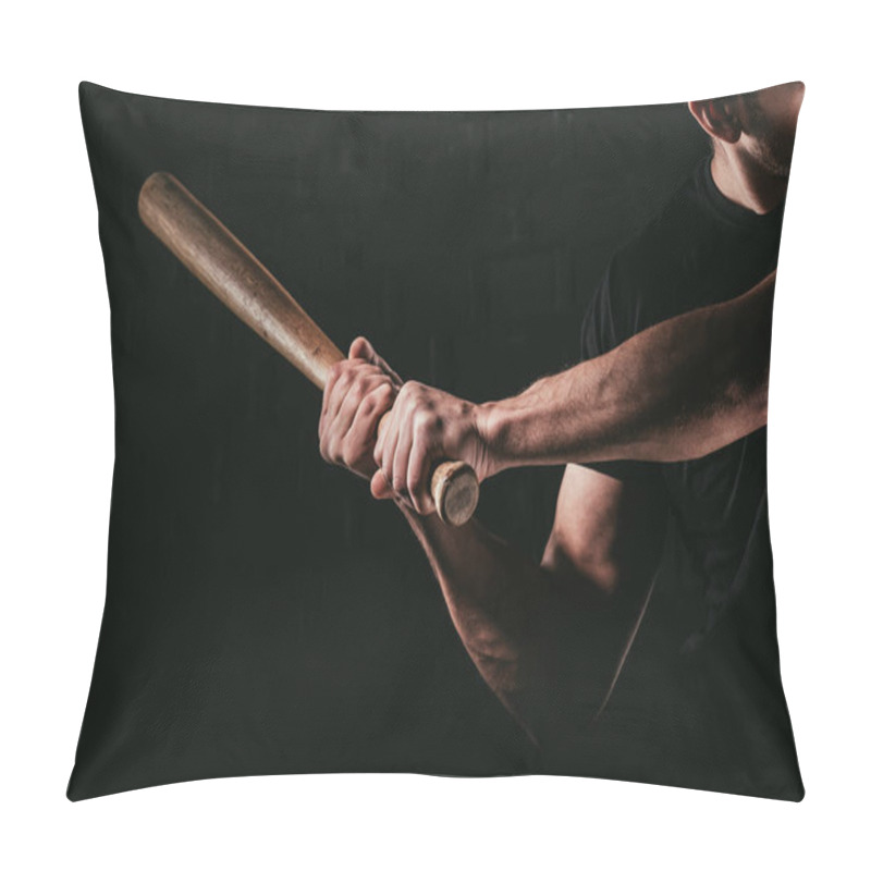 Personality  Cropped Shot Of Young Man Playing Baseball With Bat Isolated On Black  Pillow Covers