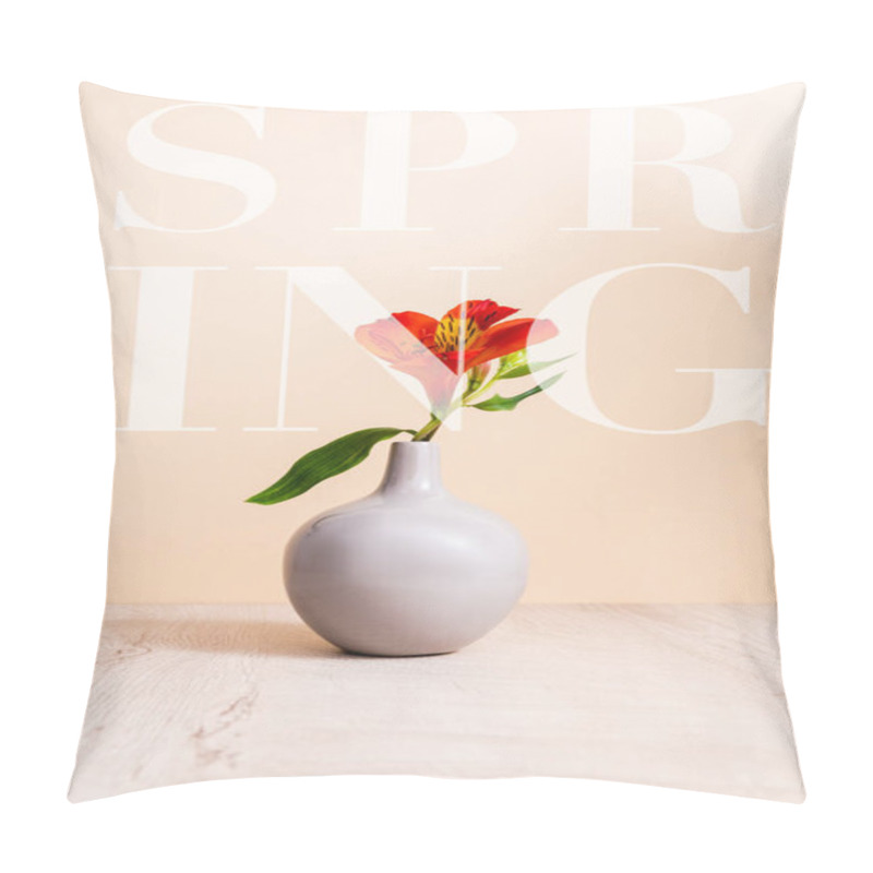 Personality  Red Alstroemeria In Vase On Wooden Surface Near Spring Lettering On Beige Pillow Covers