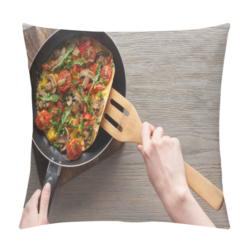 Personality  Cropped View Of Woman Cooking Omelet With Mushrooms, Tomatoes And Greens On Frying Pan With Wooden Shovel Pillow Covers