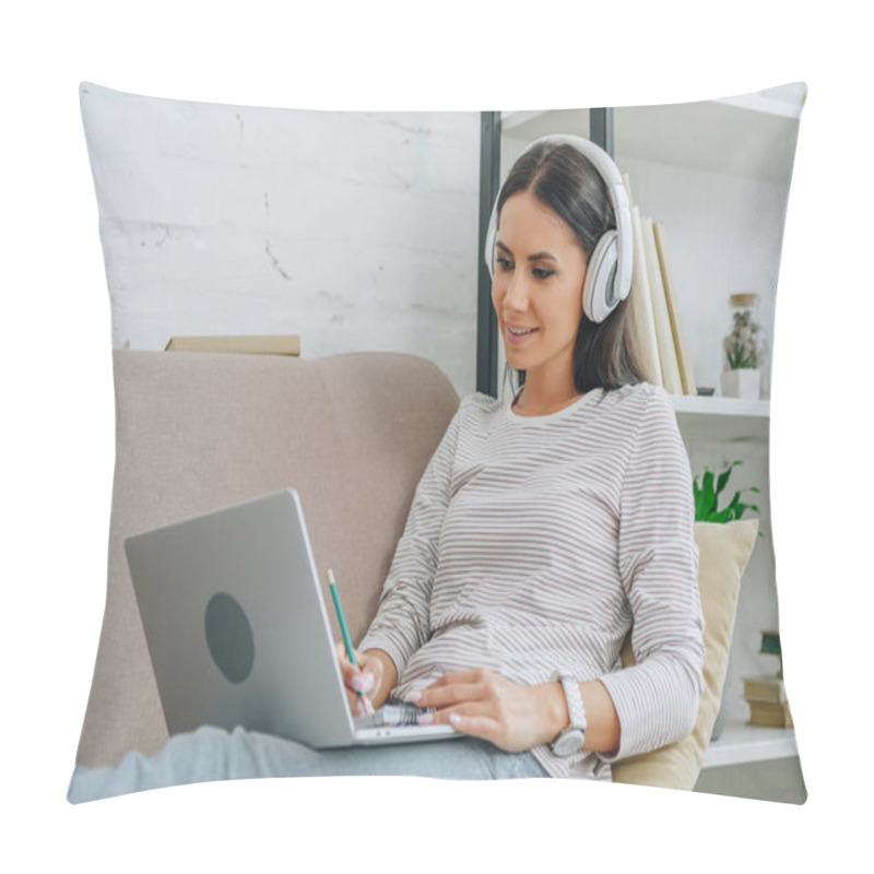 Personality  Beautiful And Brunette Woman With Headphones Smiling And Looking At Screen Of Laptop  Pillow Covers