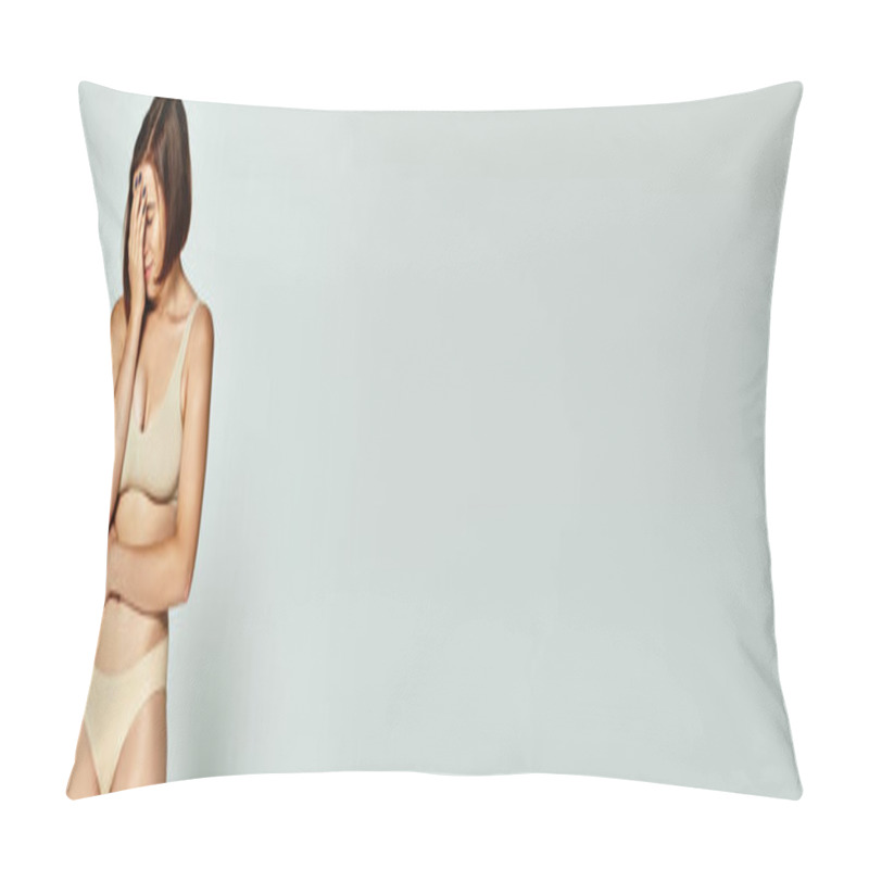 Personality  Embarrassed Young Woman In Underwear Covering Face With Hand On Grey Background, Body Shaming Banner Pillow Covers