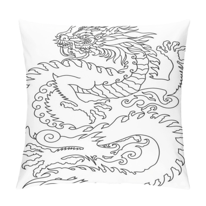 Personality  Chinese Dragon Silhouette. Traditional Mythological Creature Of East Asia. Tattoo.Celestial Feng Shui Animal. Side View. Graphic Lineart Vector Illustration Pillow Covers