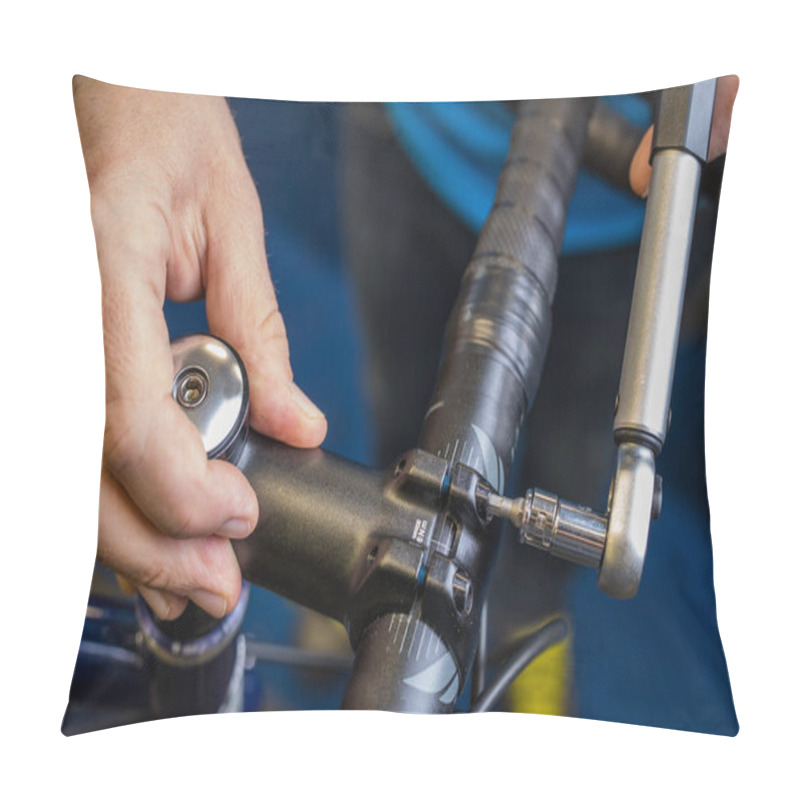 Personality  Tightening Of A Bicycle Handlebar Stem With The Use Of A Small Torque Wrench. Proper Way To Tighten A Bicycle Handlebars. Bicycle Service In A Worshop. Pillow Covers