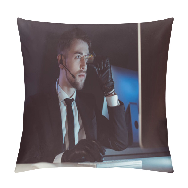 Personality  Portrait Of Spy Agent With Headset Looking At Computer Screen At Table In Dark Pillow Covers