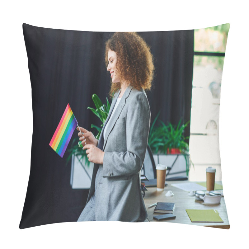 Personality  A Coworker Joyfully Holds A Rainbow Flag, Embodying The Spirit Of Inclusivity And Pride. Pillow Covers