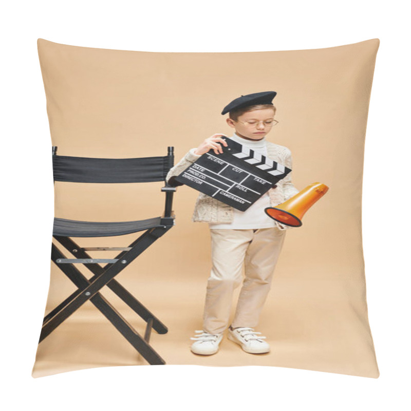 Personality  A Cute Preadolescent Boy Holding A Movie Clapper Near A Chair. Pillow Covers