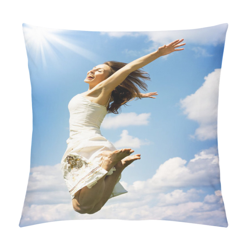 Personality  Happy Young Woman Jumping Over Blue Sky Pillow Covers