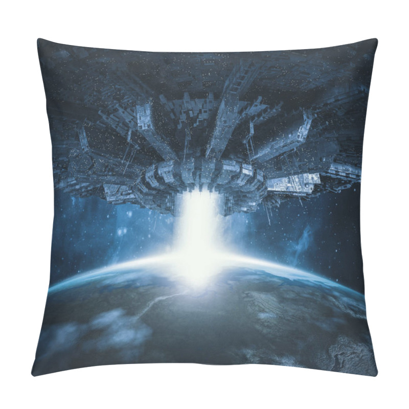 Personality  Planetary Invasion Spacecraft / 3D Illustration Of Science Fiction Scene With Giant Alien Spaceship Hovering In Space Over Earth Like Planet Pillow Covers