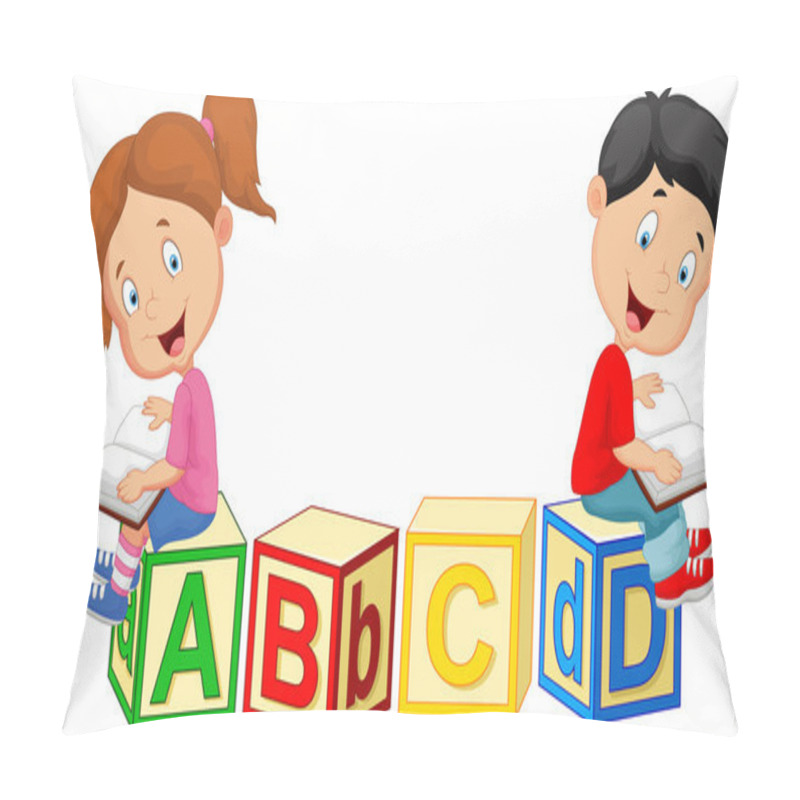 Personality  Children Cartoon Reading Book And Sitting On Alphabet Blocks Pillow Covers